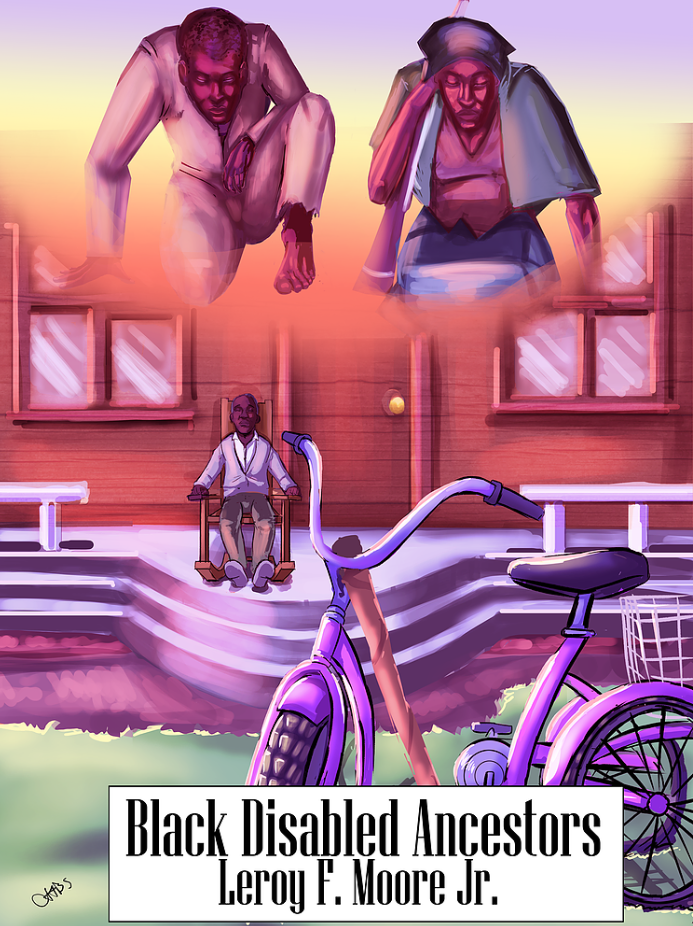 An illustration of a black man in a wheelchair sitting on a porch, while two black disabled people (one man and one woman) look down on him from above.