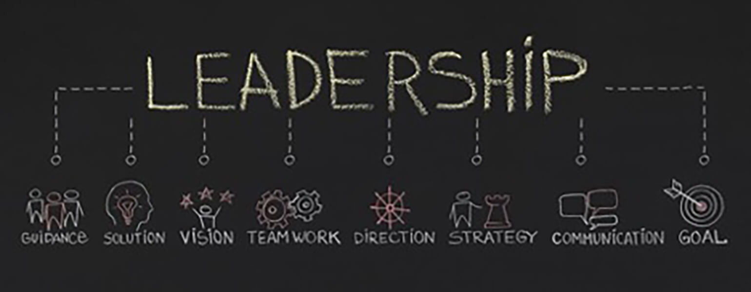 This picture is on a black background with 'LEADERSHIP' written in yellow chalk-like font with eight offshoots below it. Those offshoots read 'guidance, solution, vision, teamwork, direction, strategy, communication, goal'