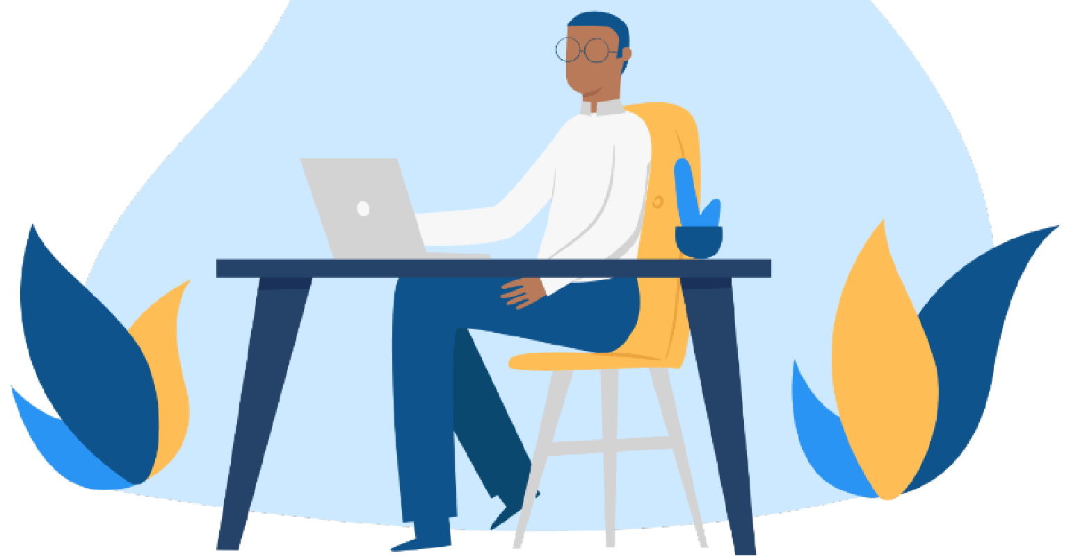 Graphic of a person of color sitting at a desk. They are working on their laptop.