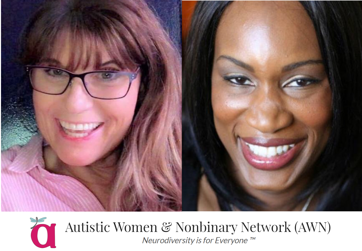 The headshots for Sharon & Morenike are side-by-side, and below them, there's the logo and name of the Autistic Women and Nonbinary Network (AWN)