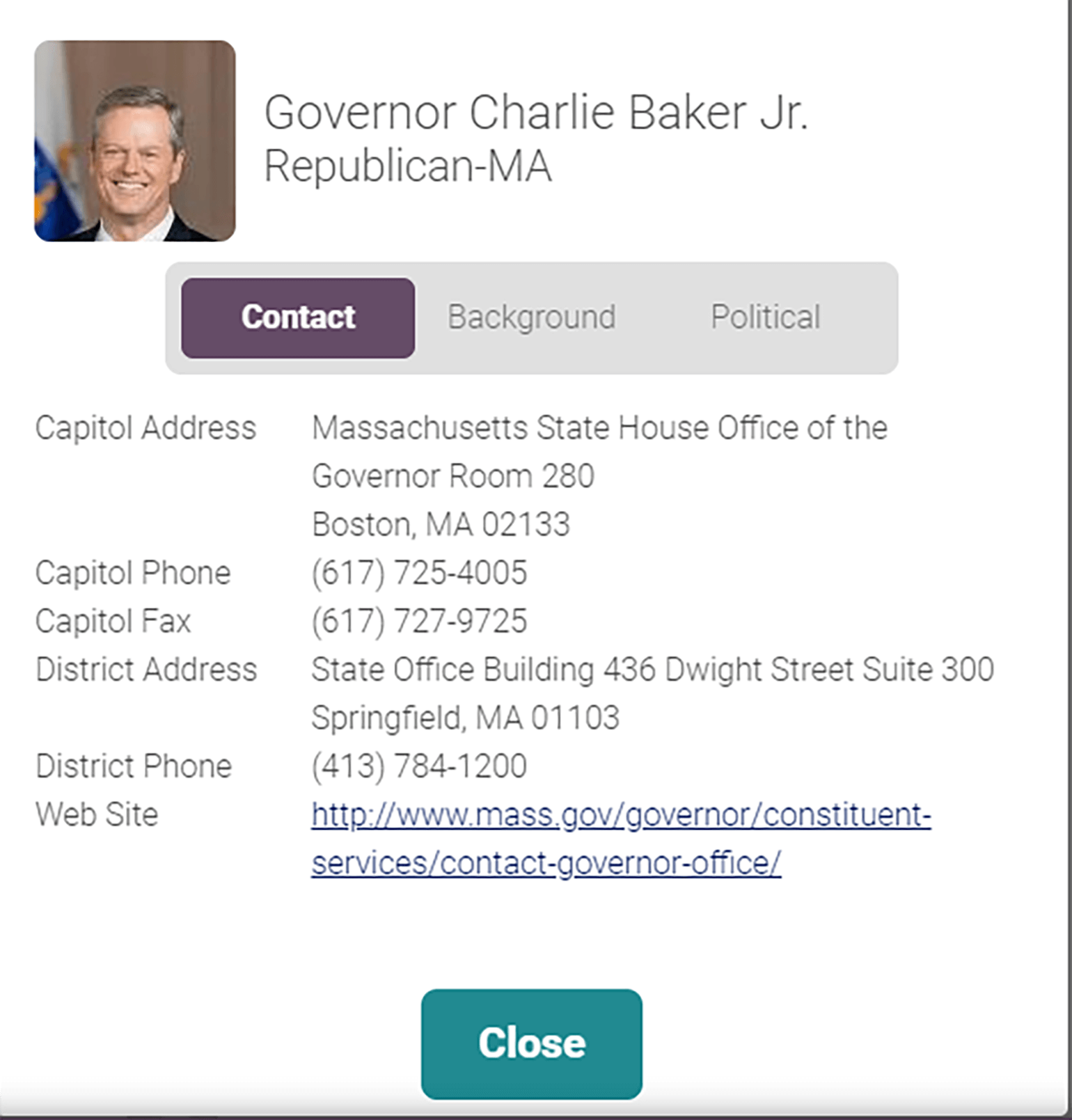 An image of Governor Charlie Baker Jr.’s profile on fiscalnote. There is a picture of his face in the top left corner. There are buttons to shift between his contact information, his background, and his political stances, the contact button is active. His contact information is listed.
