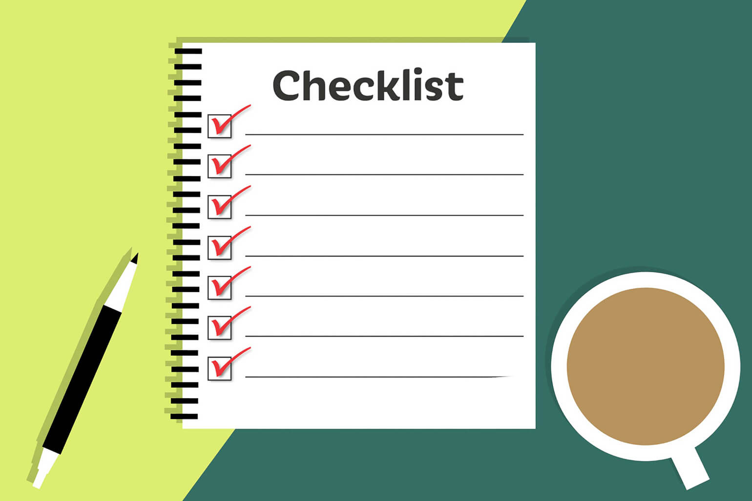 Image of a notebook with a paper on it labeled “Checklist” with little check boxes. Next to the notebook is a pen and cup of coffee..