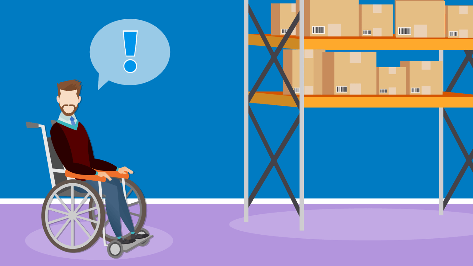 An illustrated image of a person using a wheelchair in a stock room. On the right there is a high shelf with boxes on it. The person has an exclamation mark over their head as if to say, 'Oh no, however will I carry these boxes.'