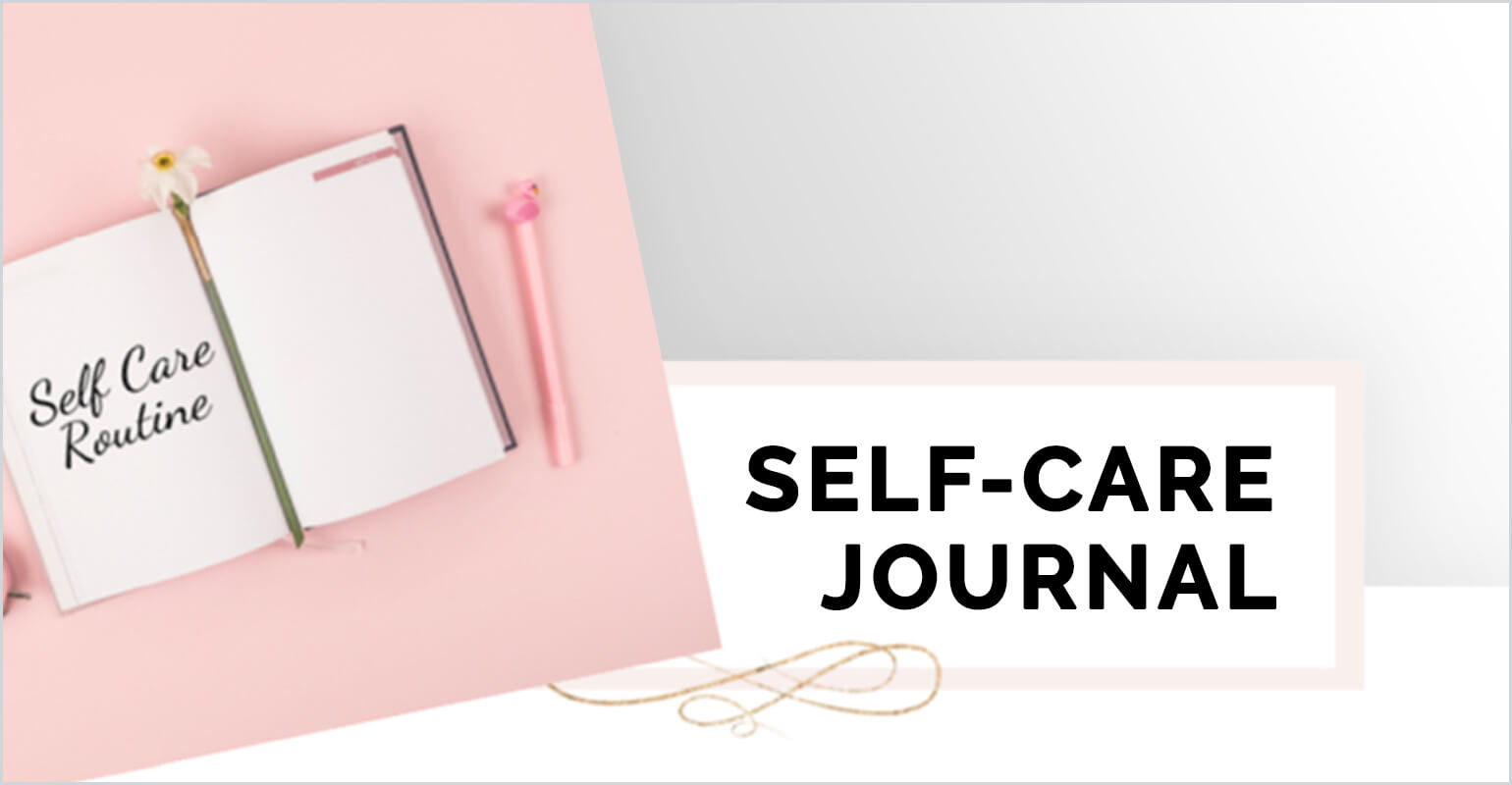 An open book with the words 'Self Care Routine' written on the left page. The book has a daisy for a bookmark and a pink, flamingo pen rests next to the book. To the right of the book and pen are the large, bold words that say 'Self-care Journal'.