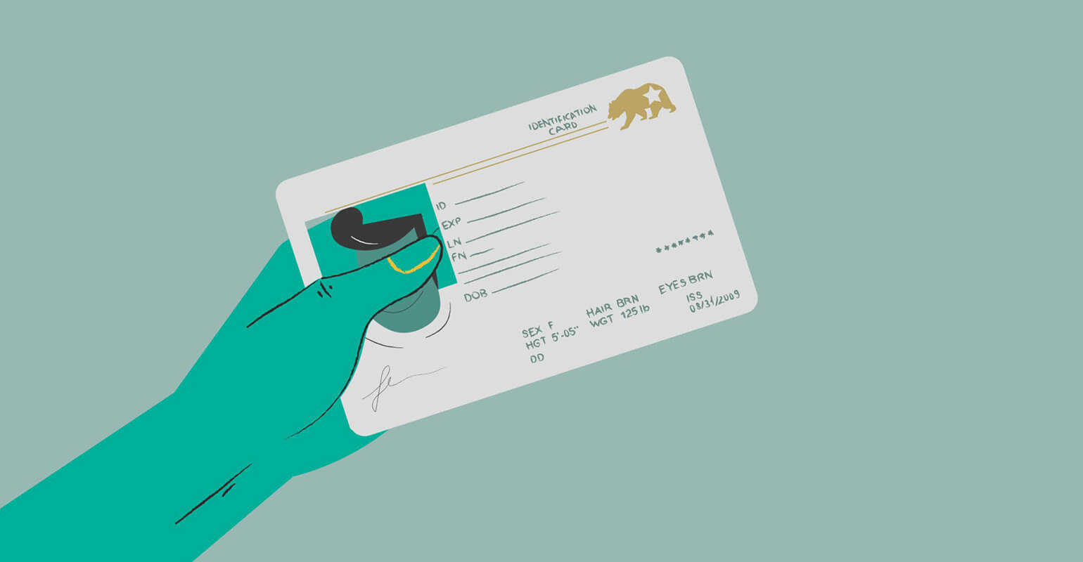 Cartoon image of a green hand holding an official ID. The picture and words on the ID are not able to be seen clearly.