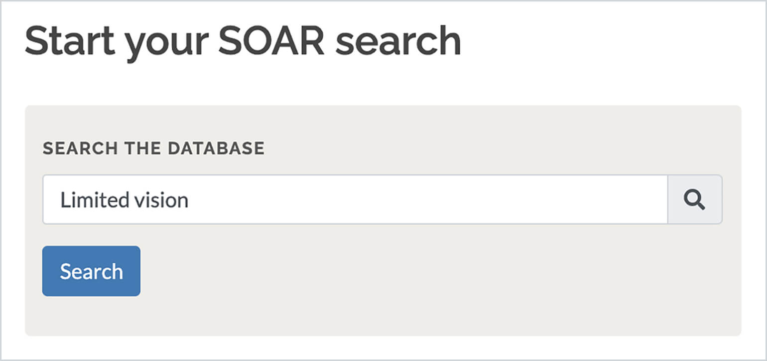 An image of the JAN search engine is shown. The page is labeled 'Start your SOAR search'. There is a section labeled search the database with a textbox under it. In the textbox, 'limited vision' has been typed in, and there is a grey magnifying glass at the end. There is a blue search button at the bottom.