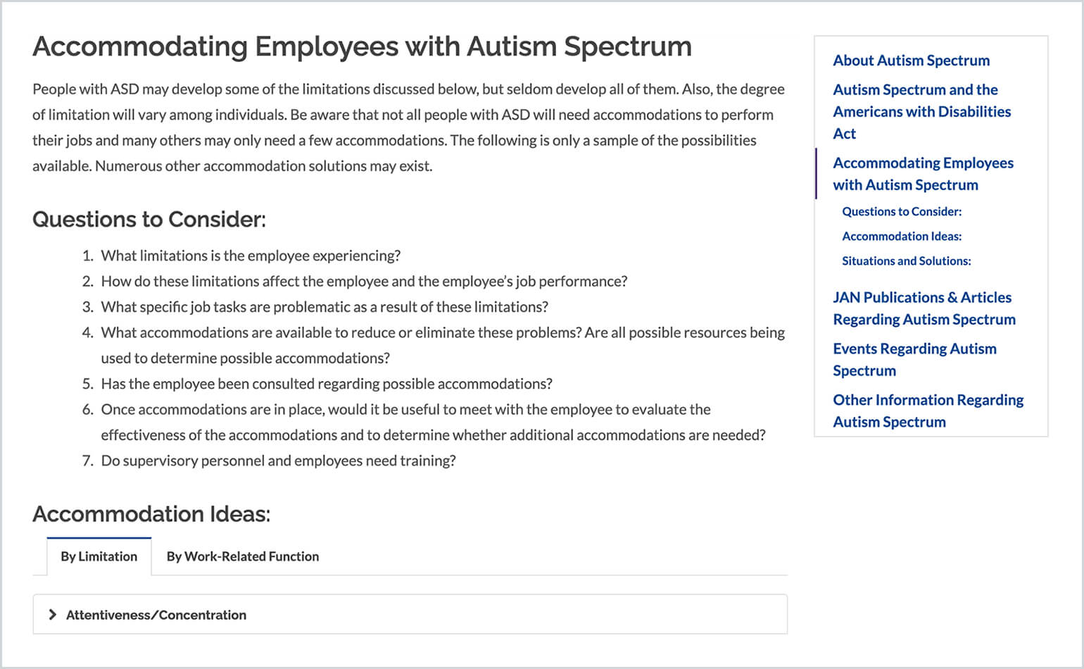 An image of the JAN page for the Autism Spectrum is shown. It is scrolled down to the section labeled 'Accommodating Employees with Autism Spectrum.' There is a description of how autism may affect someone in the workplace, questions to consider, and Accommodation ideas separated by limitation and work-related function.