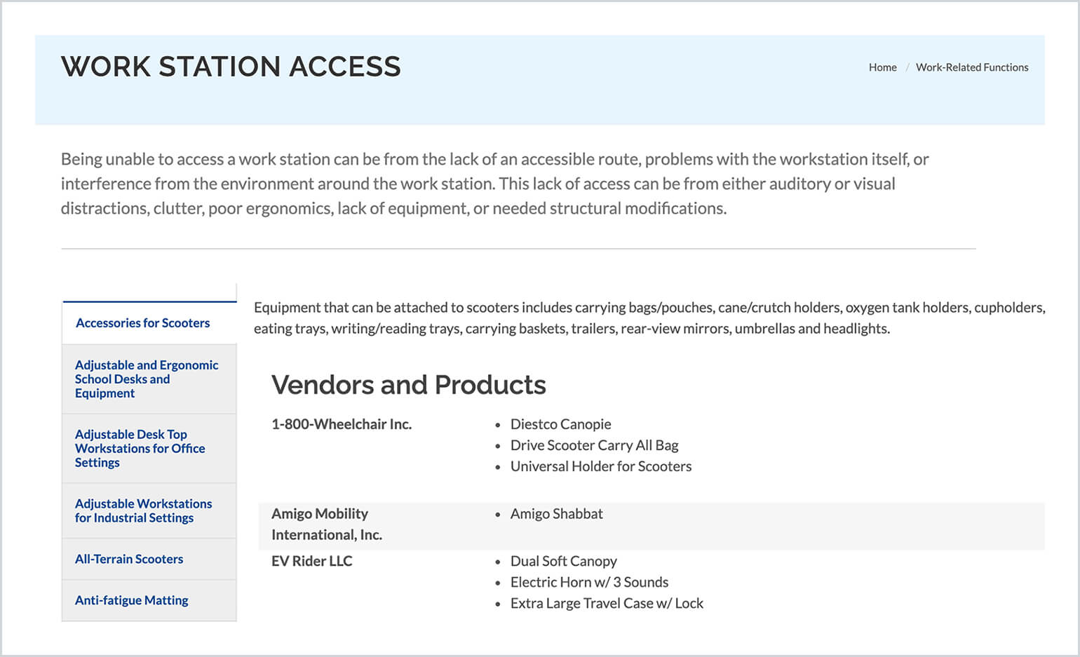 An image of the JAN page for Workstation access is shown. There is a description of workstation access on the top, and a list of possible accommodations underneath it on the left.