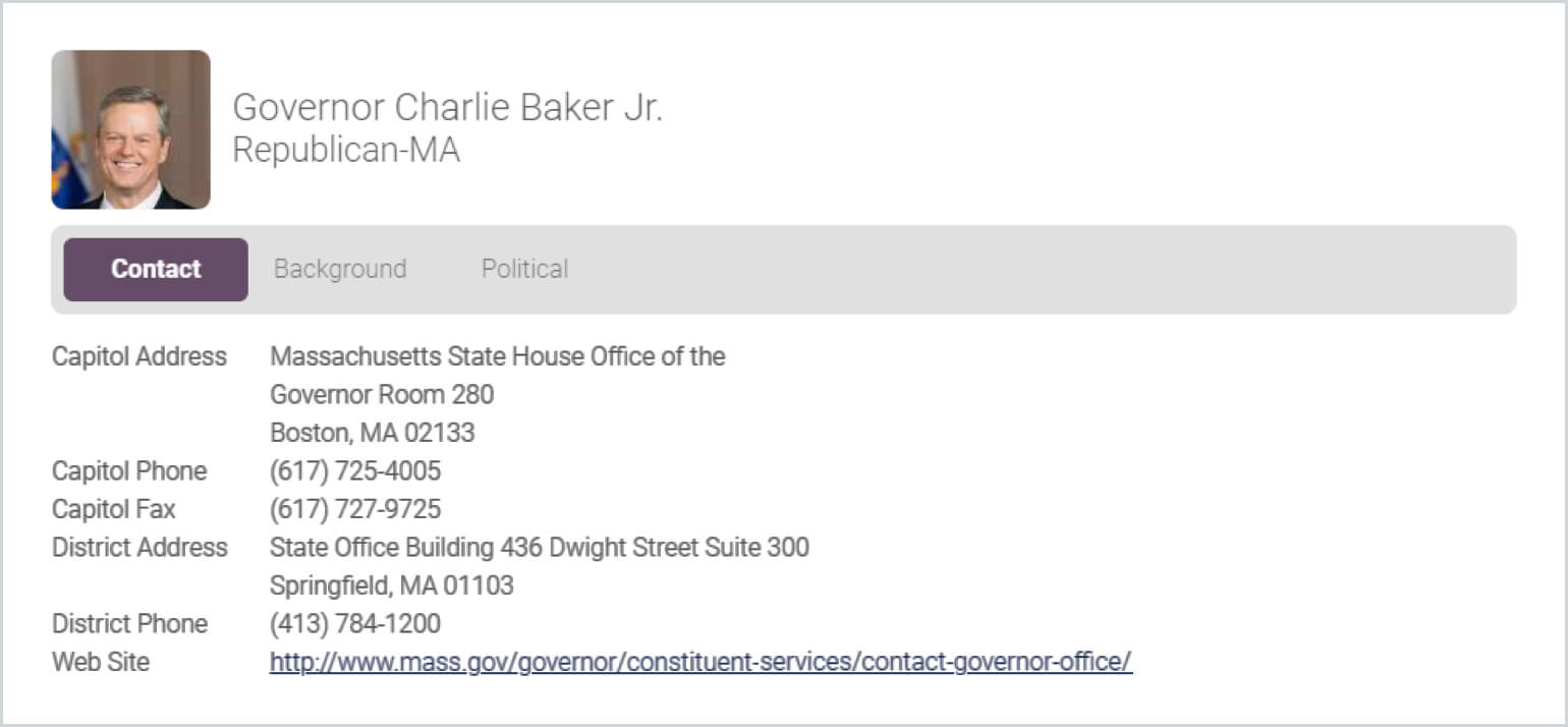 An image of Governor Charlie Baker Jr.'s profile on fiscalnote. There is a picture of his face in the top left corner. There are buttons to shift between his contact information, his background, and his political stances, the contact button is active. His contact information is listed.