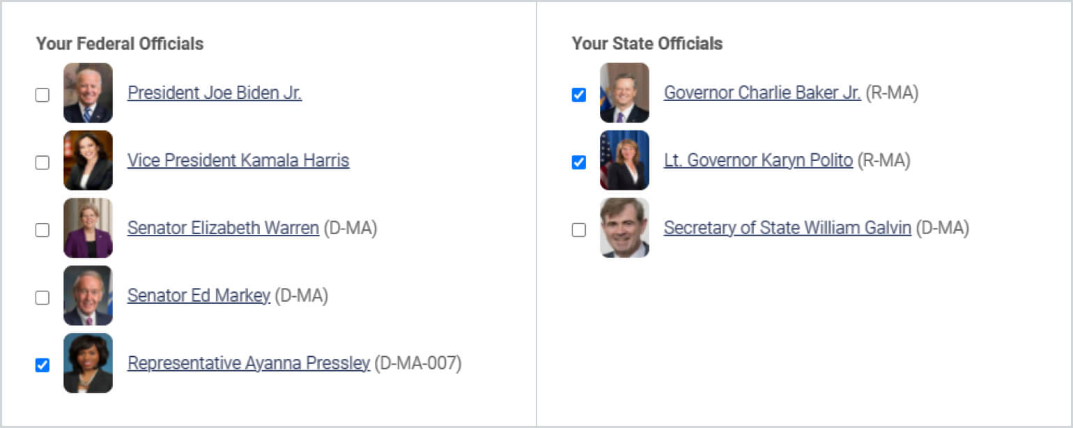 An image shows a list of elected officials in Massachusetts. The list is a fiscalnote search result. The list is separated by state and federal representatives.