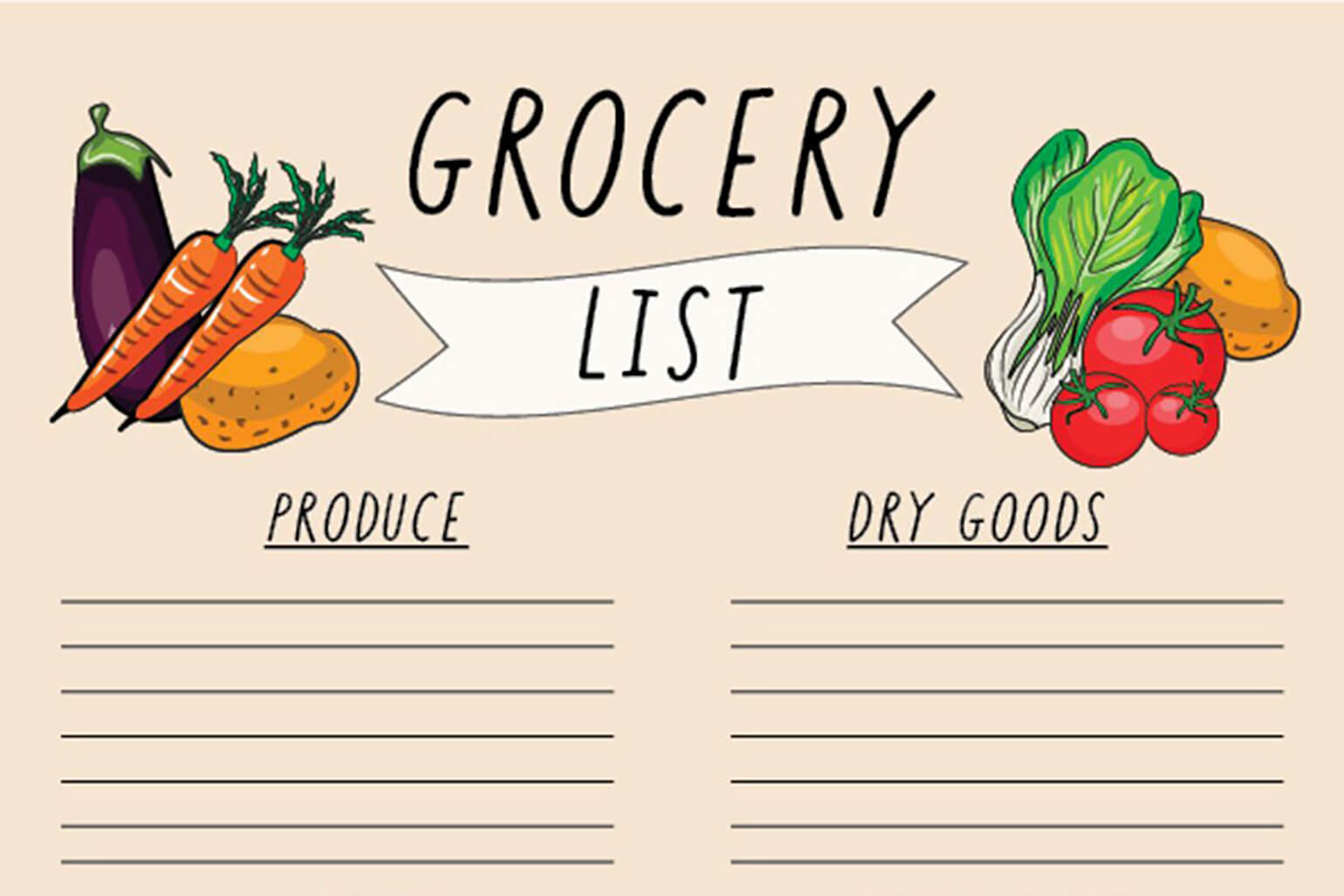 Image is a piece of stationary that has the heading 'Grocery List' with drawings of fruits and vegetables next to it. Below is a list for 'produce' and a list for 'dry goods' to be entered.