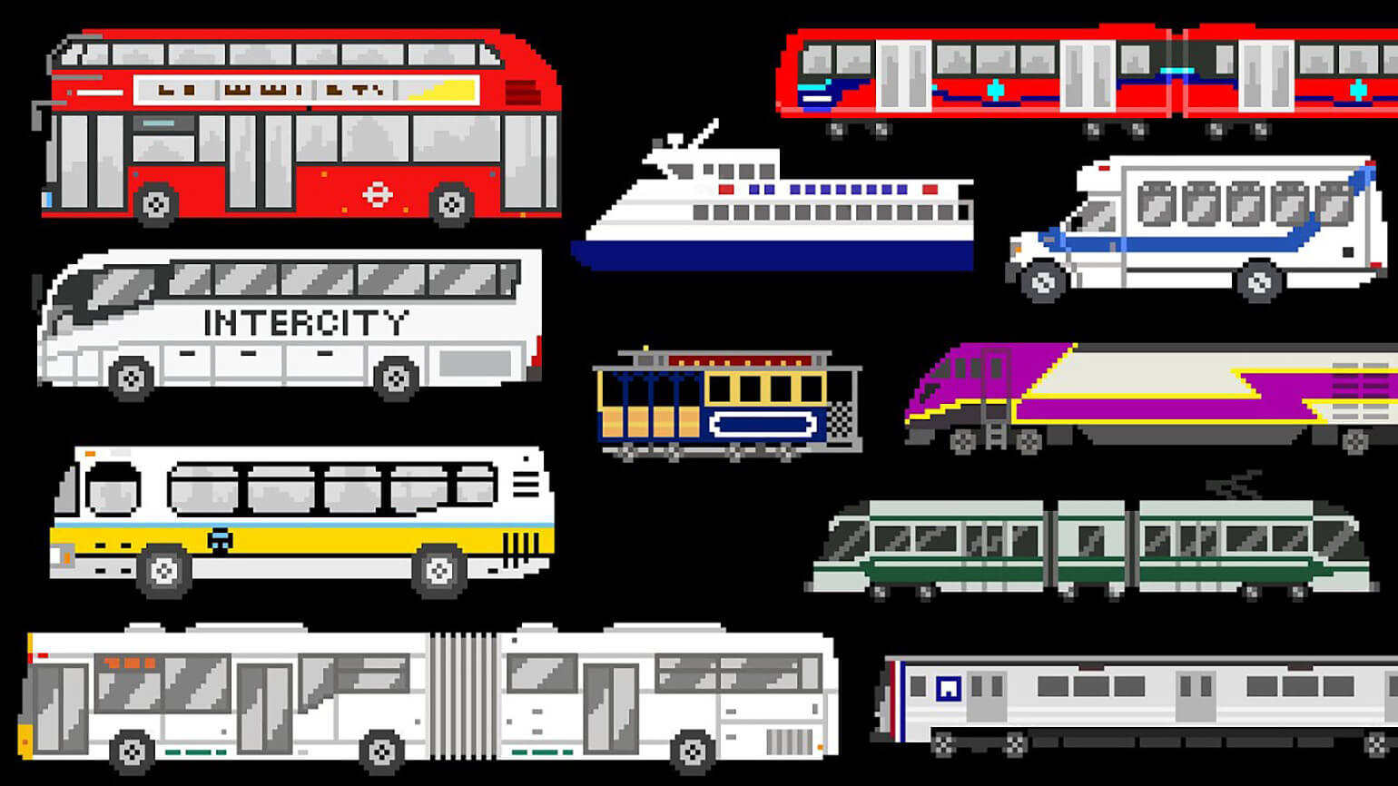 Digitally designed image of various forms of public transportation including subway cars, buses, double deck buses, vans, and ferries.