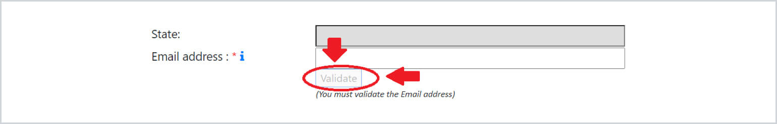 An image of the EEOC website registration page. It is focused on the email address portion. Below the email address text box there is a button that says 'validate' circled in red, with two red arrows pointing to it. Below the button, it says '(you must validate the Email address).'