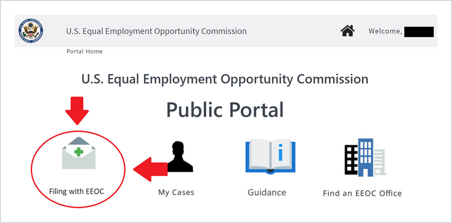 An image of the EEOC portal is shown. The button labeled 'filing with EEOC' is circled in red with red arrows pointing to it. There are also buttons labeled 'my cases,' 'guidance,' and 'find an EEOC office' that are not labeled.