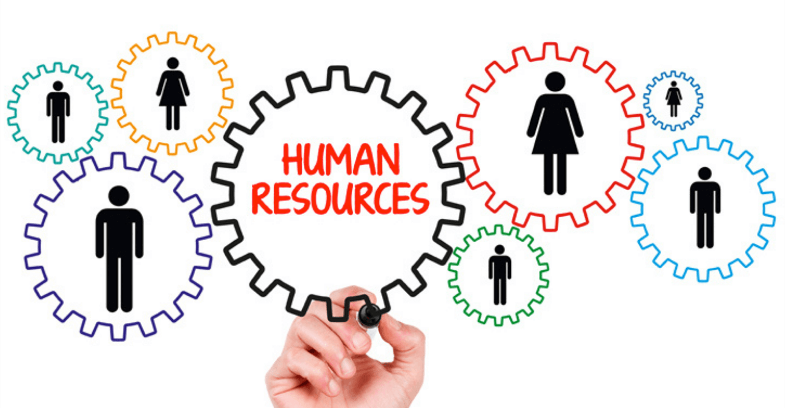 An image of a hand drawing a black cog. Inside the cog the words 'human resources' are written in red. There are 7 other colored cogs, 3 to the left and 4 to the right. In each of the colored cogs there is an icon of a person.