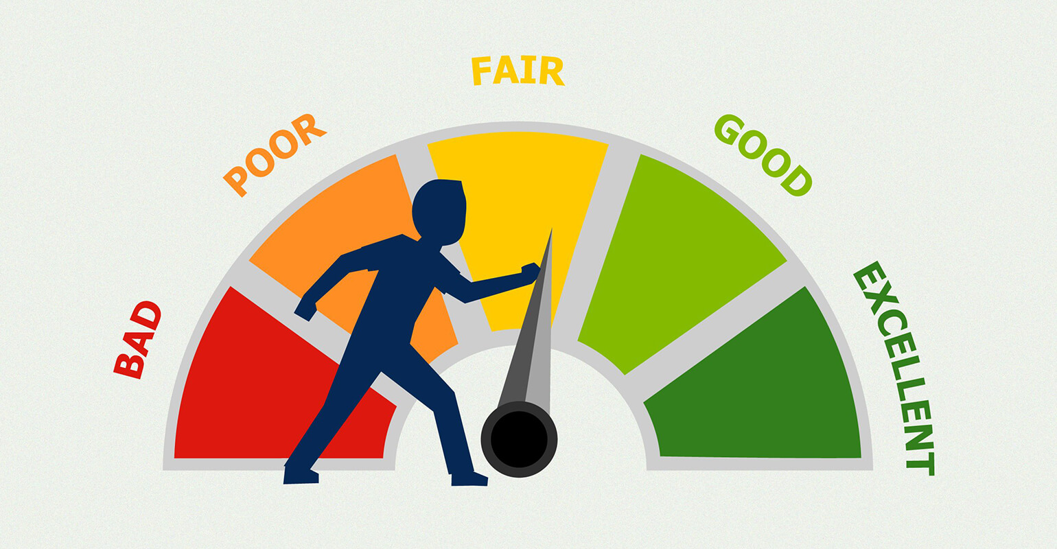 Cartoon image of a scale labeled bad in red, poor in orange, fair in yellow, good in green, and excellent in dark green. A cartoon person is pushing the scale reader from fair towards good.