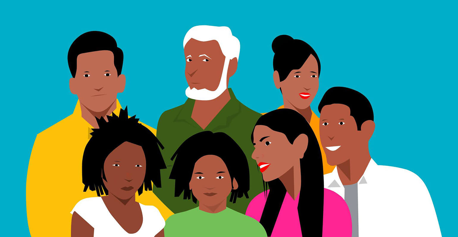 A cartoon of a group of individuals, all BIPOC of different skin tones and ages, set against a blue background