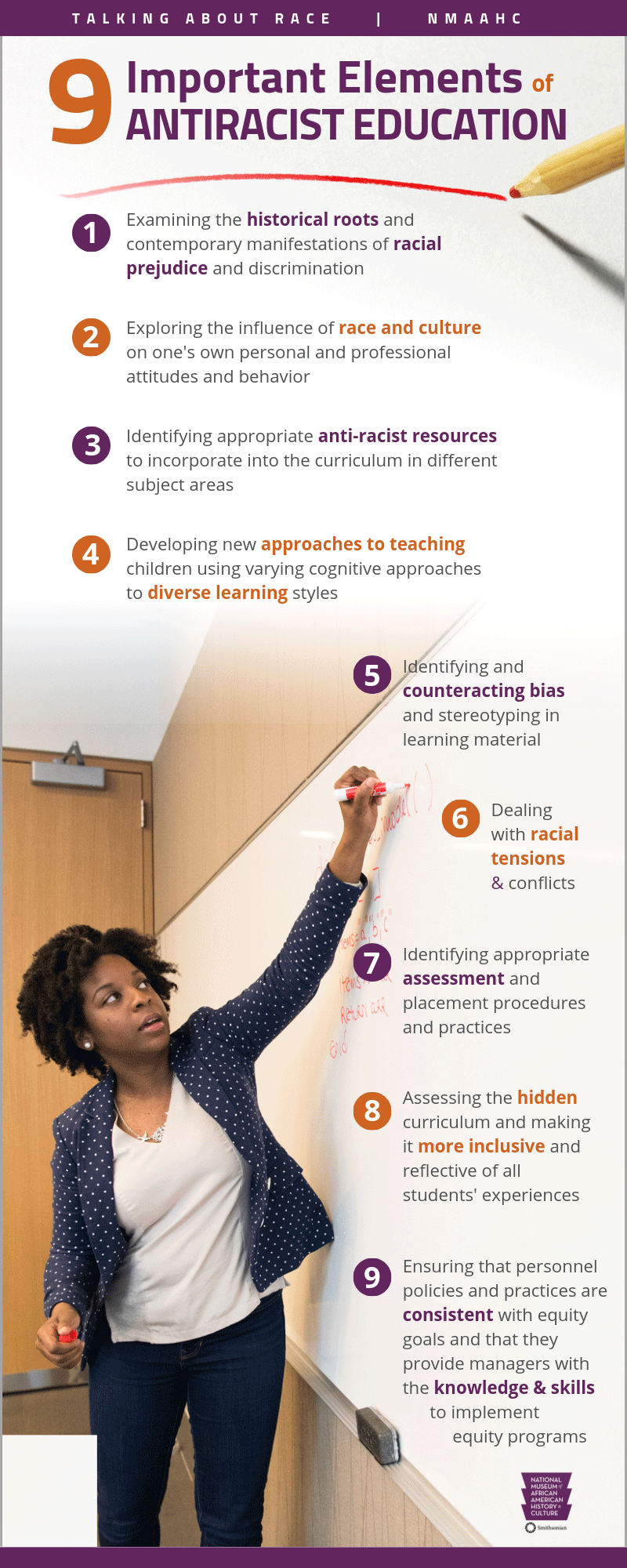 An image of a Black woman in a dark blue blazer with polka dots, white shirt and dark blue slacks. She is writing on a whiteboard. There are 9 numbers alternating in purple and orange outlining important elements of antiracist education.