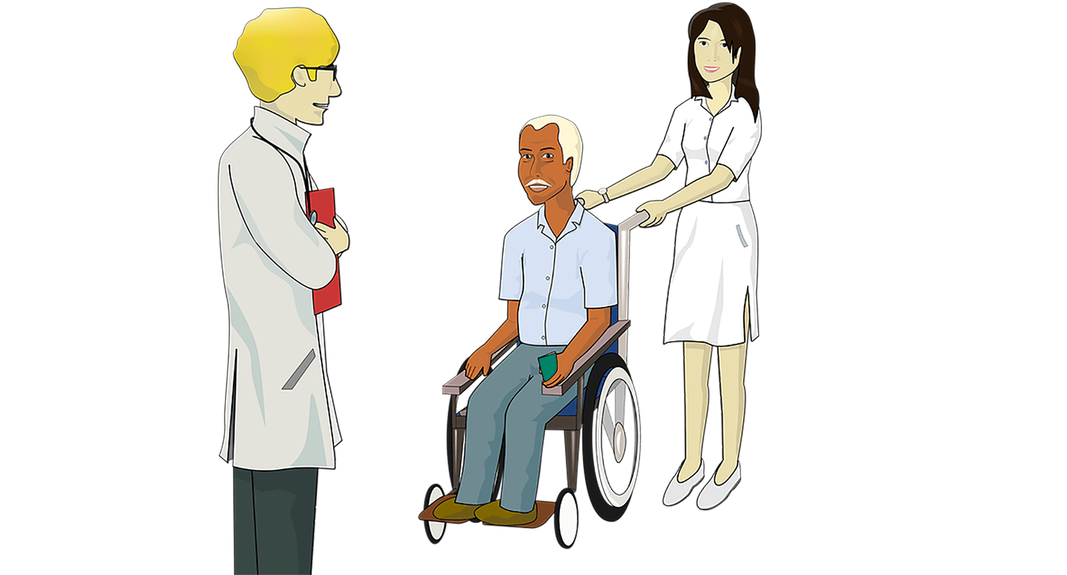 A cartoon of a nurse pushing a patient in a wheelchair to meet with a doctor.