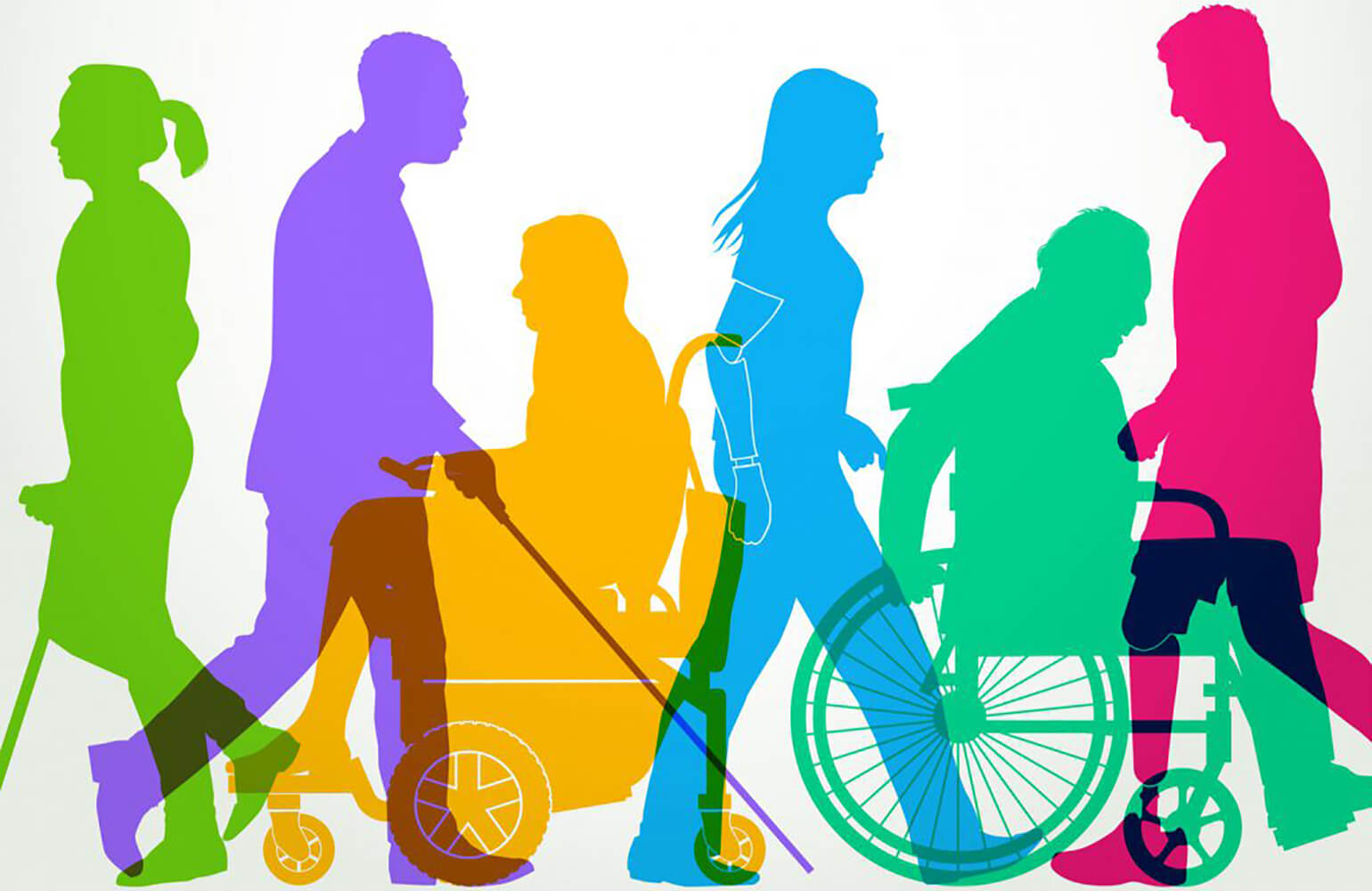 Different color silhouettes of disabled folks and their varying disability.