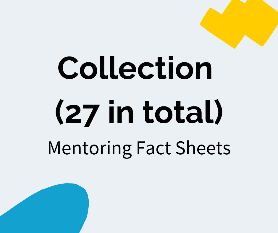 Black text reads “Collection (27 in total)” with a subheading that reads "Mentoring Fact Sheets". There is a blue decal in the bottom left corner and a yellow decal in the upper right corner.