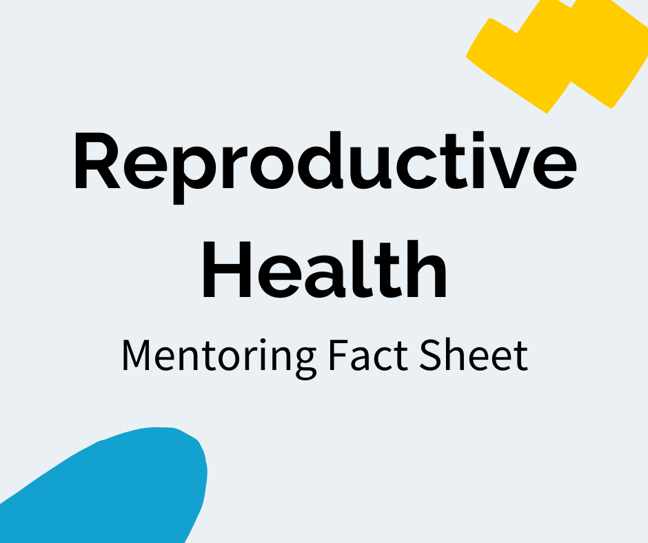 Black text reads "Reproductive Health" with a subheading that reads "Mentoring Fact Sheet". There is a blue decal in the bottom left corner and a yellow decal in the upper right corner.