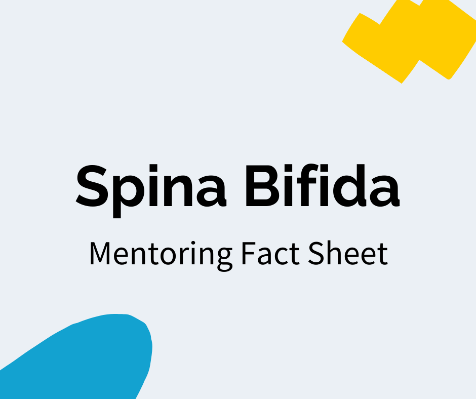Black text reads “Spina Bifida” with a subheading that reads "Mentoring Fact Sheet". There is a blue decal in the bottom left corner and a yellow decal in the upper right corner.